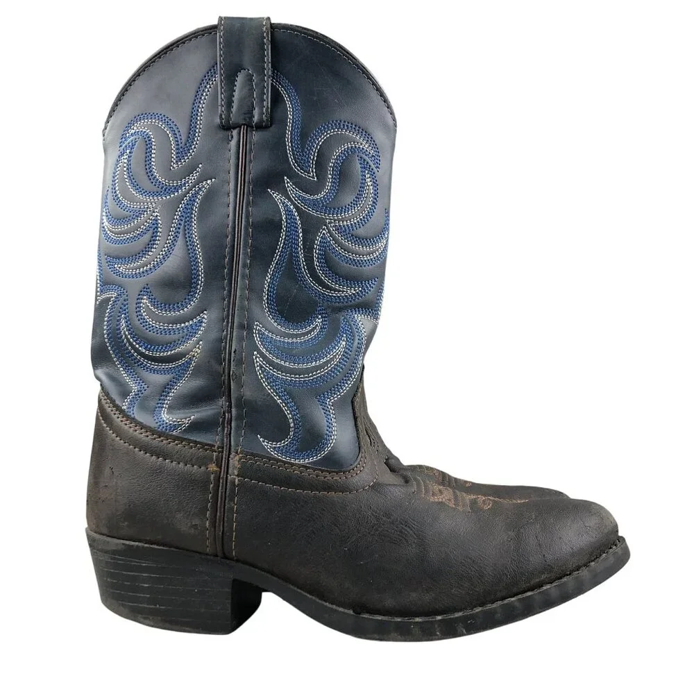 Smoky Mountain Kids Size 4 Monterey Western Brown Navy Blue Faux Leather Boots